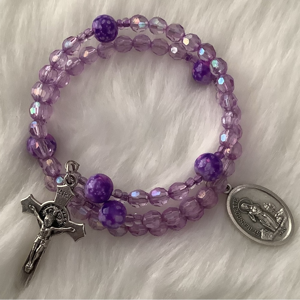 Lupus Inspired Rosary Wrap Bracelet with St Bernadette Patron Saint Illness